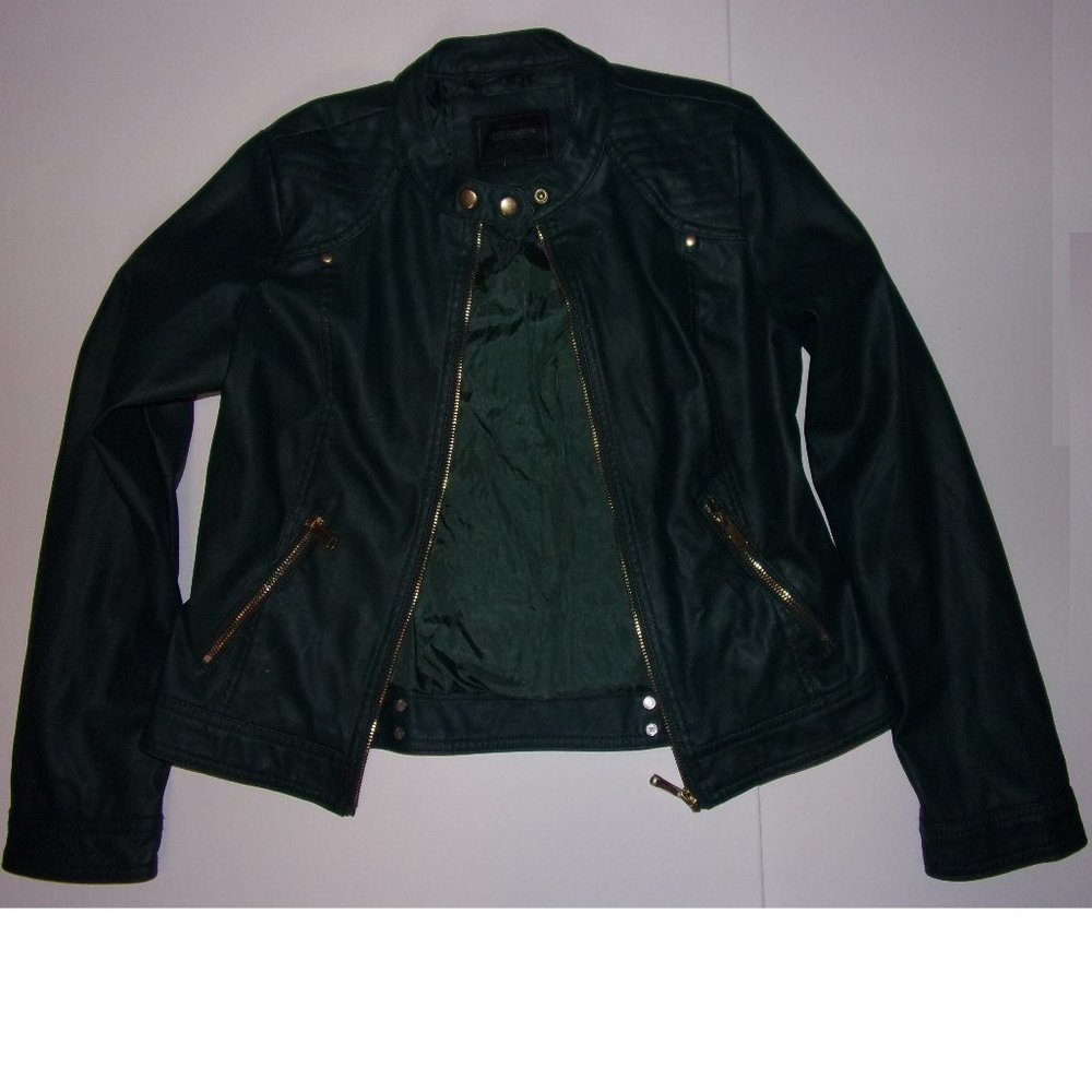Miss London Dark Green Faux Leather Moto Jacket Size Medium